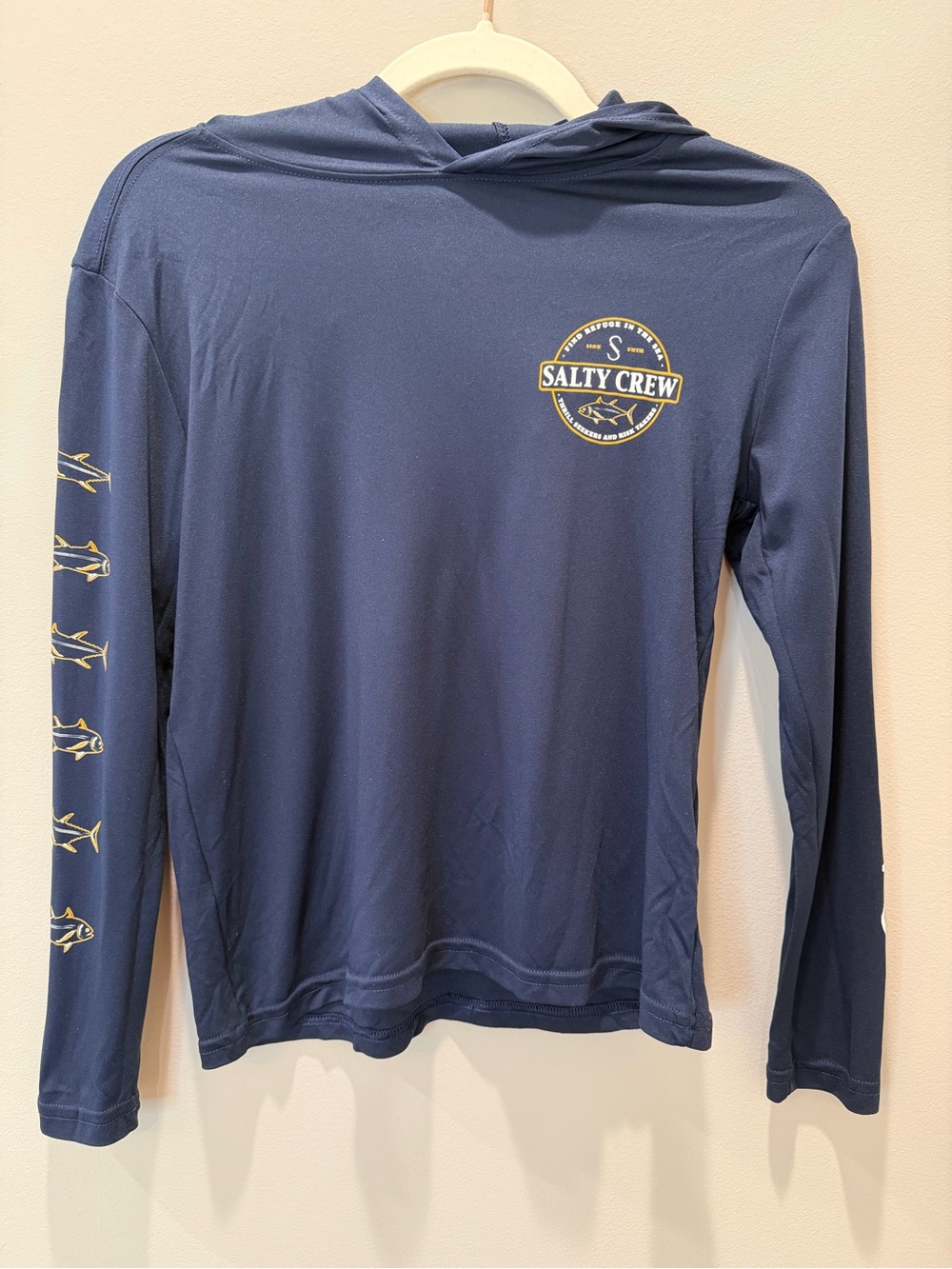 Salty Crew Navy Long-Sleeve Hooded Performance Shirt with Yellow Logo
